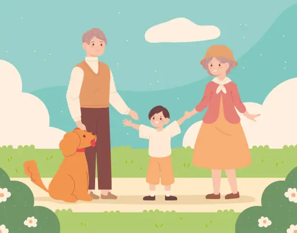 Vector illustration of korean couple and son with dog
