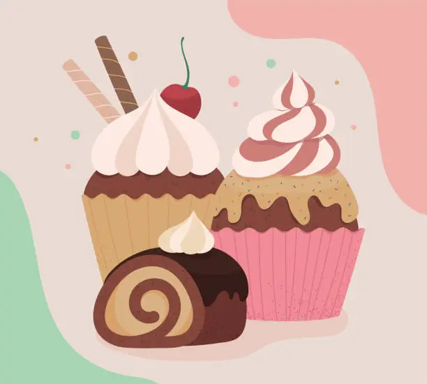 Vector illustration of dessert cupcakes and roll, vector image