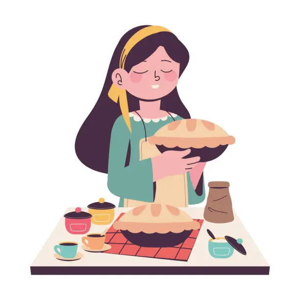 Vector illustration of woman cooking a cake icon isolated