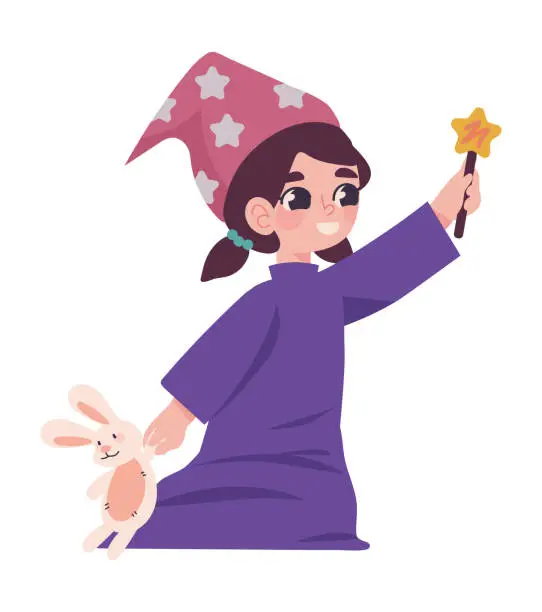 Vector illustration of girl playing with wand icon isolated