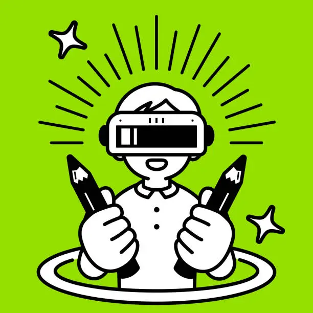 Vector illustration of A boy wearing a virtual reality headset or VR glasses pops out of a virtual hole and into the metaverse, he holds two creative pencils, minimalist style, black and white outline