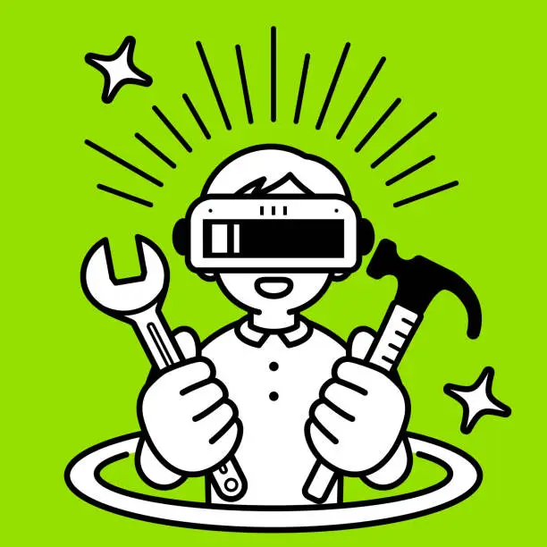Vector illustration of A boy wearing a virtual reality headset or VR glasses pops out of a virtual hole and into the metaverse, holding a wrench and a hammer, looking at the viewer, minimalist style, black and white outline