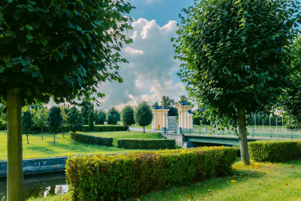 konstantinovsky palace. state complex national congress palace. view of landscaped park and garden and palace complex, strelna, st. petersburg, russia - museum complex the americas north america usa ストックフォトと画像