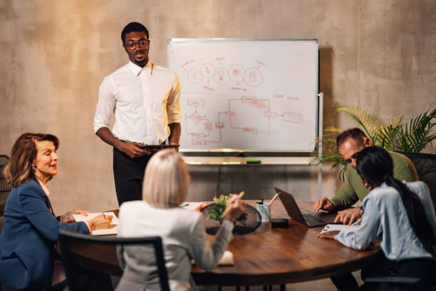 istock Multiracial manger presenting marketing plan on whiteboard at meeting room 2148210297