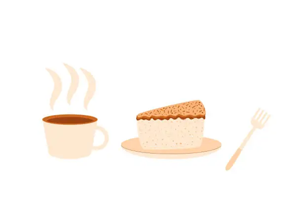 Vector illustration of Espresso and cake. Coffee cup with slice of cake and fork. Sweet bakery piece with hot beverage. Pastry dessert. Vector pie and drink flat illustration isolated on white background