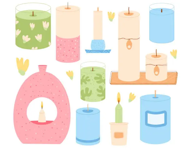 Vector illustration of Scented crafted candles different shapes set. Wax, soy, paraffin candles in jar, containers pillar. Aroma spa accessories for relax collection. Home decor items. Vector flat illustration