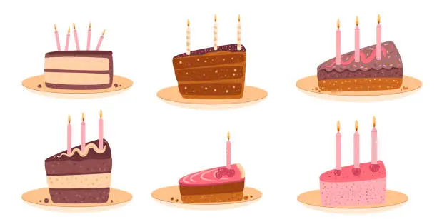 Vector illustration of Birthday cakes portion set isolated. Sweet holiday bakery pieces collection. Pastry chocolate fruit, berry dessert slices with candles for breakfast. Vector hand drawn illustration