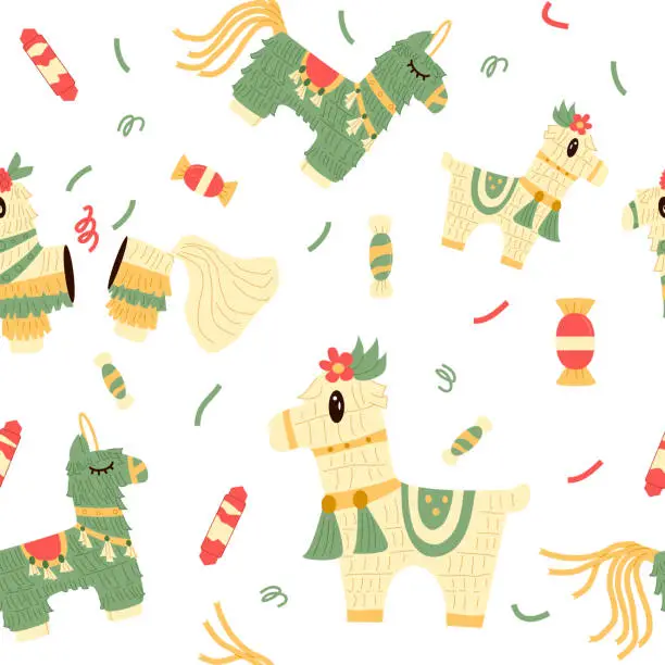 Vector illustration of Pinata seamless pattern. Traditional mexican party endless background. Cinco de mayo repeat cover. Vector illustration.