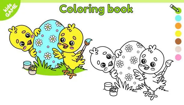 Vector illustration of Page of kids Easter coloring book with cute chicks