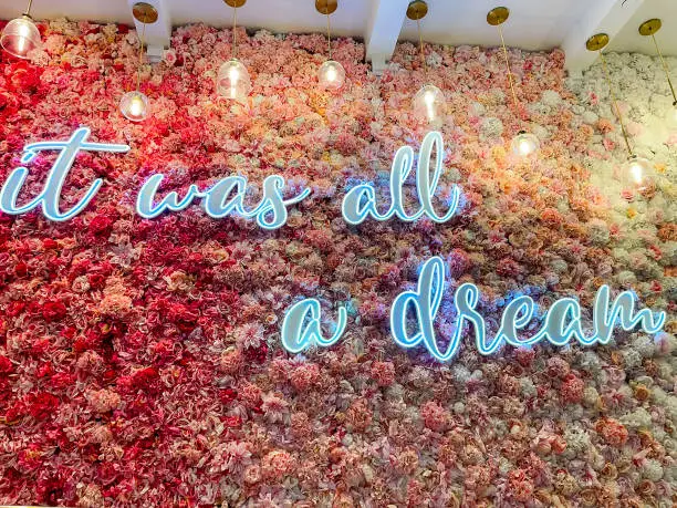 It was all a dream slogan sign on a colorful flower wall