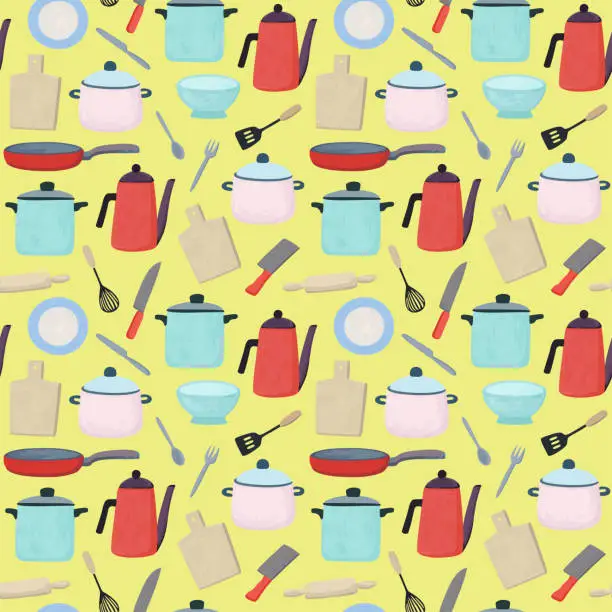 Vector illustration of Seamless pattern with cute doodle kitchenware. Vector colorful hand drawn illustration