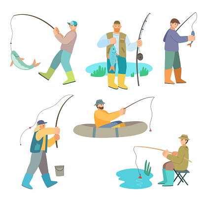 Cartoon fisherman. Man in boat holding rod. Fisher catching fish, set of clip art vector characters.