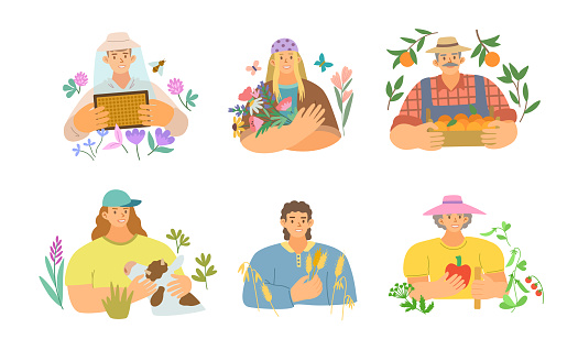 Characters of people in farming including beekeeper, gardener, agrarian isolated on white background. Colorful cartoon vector illustration