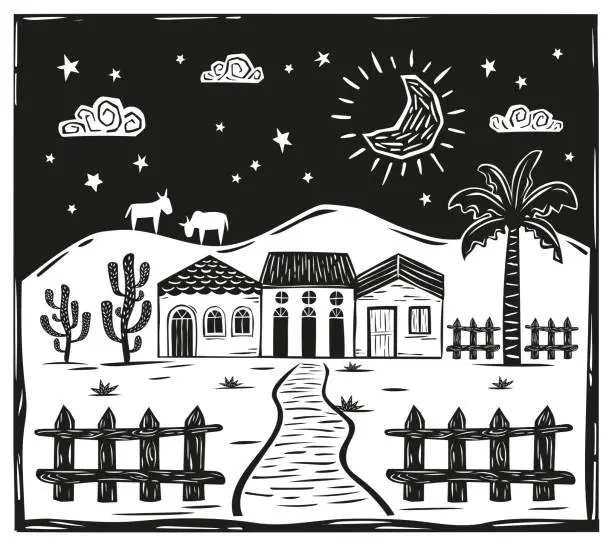 Vector illustration of Village of farm houses in the interior of the country. Woodcut in the cordel style of northeastern Brazil. Vector illustration