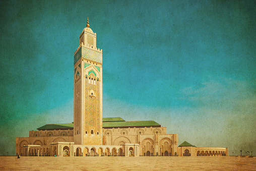 Vintage image of Hassan II Mosque, Casablanca. Morocco