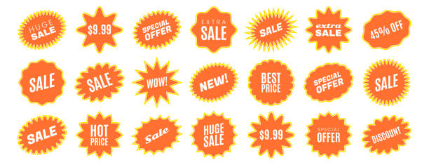 bildbanksillustrationer, clip art samt tecknat material och ikoner med yellow starburst promotional badges, price stickers and sale sunburst promo tags - explodera