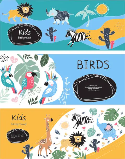 Vector illustration of Set of horizontal banners. Lions, giraffes, parrots, zebras, elephant and rhinoceros.