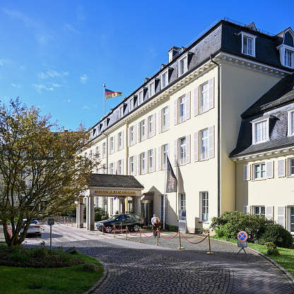 Remagen, Germany, March 31, 2024 - Entrance area to the Hotel Petersberg (Steigenberger Grandhotel) in Königswinter near Bonn.