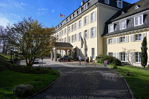 Remagen, Germany, March 31, 2024 - Entrance area to the Hotel Petersberg (Steigenberger Grandhotel) in Königswinter near Bonn.