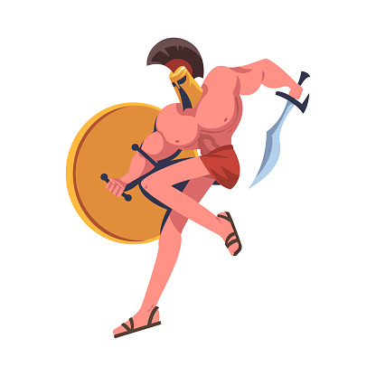 Man Spartan Soldier or Warrior in Helmet with Sword and Shield Vector Illustration. Muscular Male Greek Fighter
