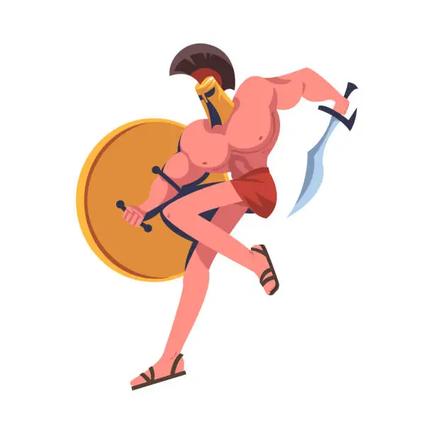Vector illustration of Man Spartan Soldier or Warrior in Helmet with Sword and Shield Vector Illustration