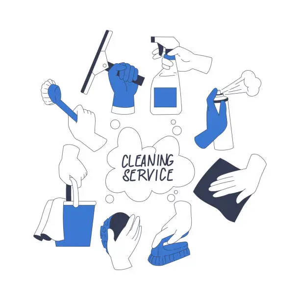 Vector illustration of Cleaning Service with Hand Hold Cleanup Supplies Vector Illustration