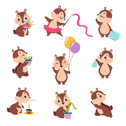 Funny Chipmunk Character with Cute Snout Engaged in Different Activity Vector Set. Small Rodent and Gnawer Woodland Animal