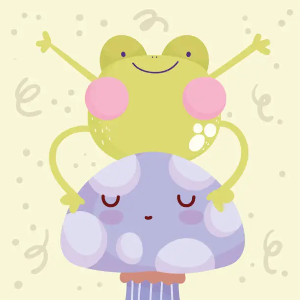 Vector illustration of frog and cute mushroom