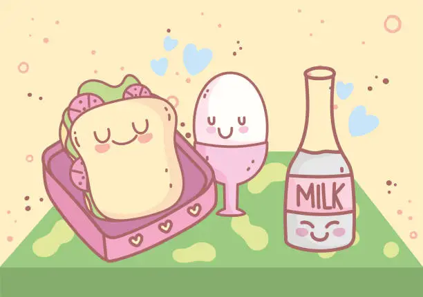 Vector illustration of cute sandwich and egg with milk