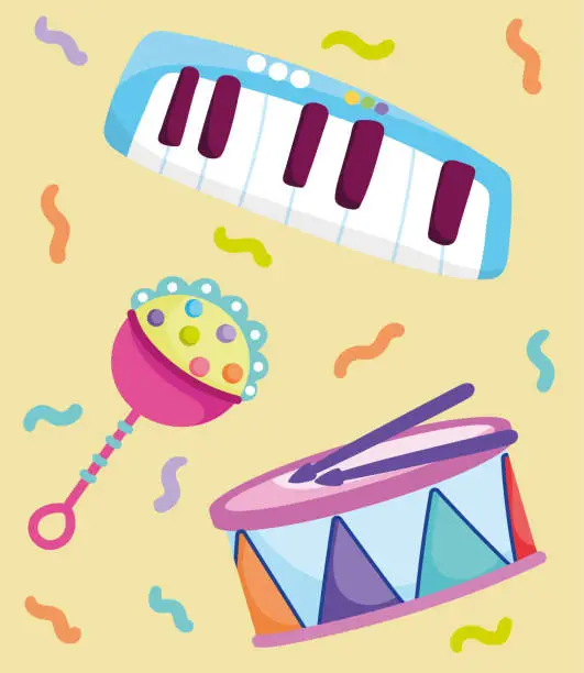 Vector illustration of piano rattle and drum