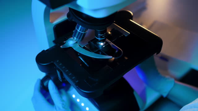 Scientist or researcher examines samples of a modern microscope.