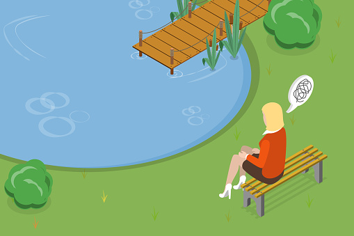 3D Isometric Flat Vector Conceptual Illustration of Bench Thinking, Lonely Person