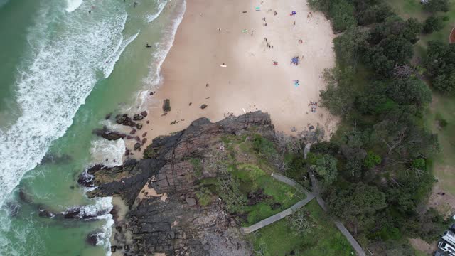 Tourists At Norries Headland Boardwalk In Cabarita Beach, New South Wales, Australia. Aerial Drone Shot
