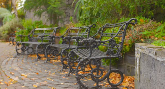 Three old metal benches are available to walkers in a neighborhood of Dublin, Ireland.