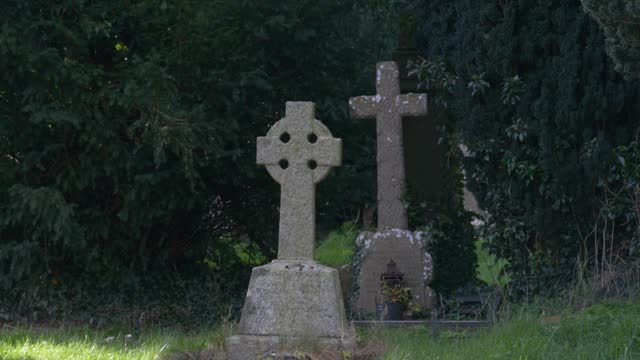 Graveyard With Stione Cross Near Medieval Cathedral Of Saints Peter And Paul In Trim, Ireland. Tilt-up Shot