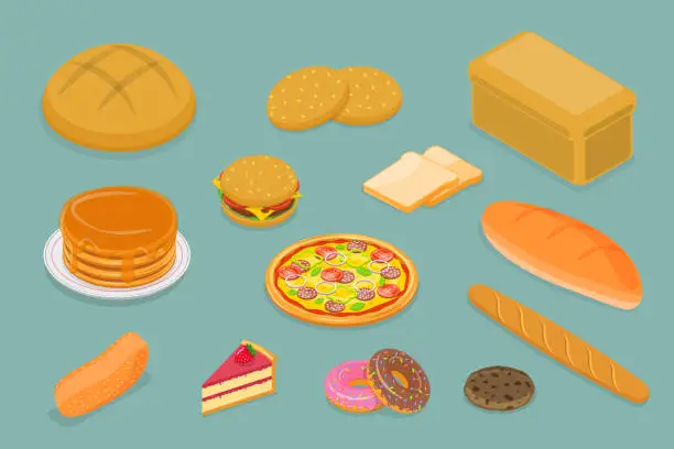 Vector illustration of 3D Isometric Flat Vector Set of Various Bread Types