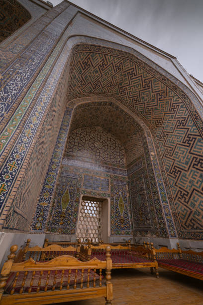 istock Old light blue mosaics in Samarkand and the rest area in Madrasah 2148218653