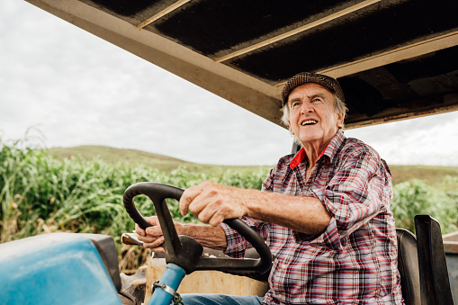 Smiling senior farmer driving his tractor