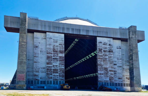 Tustin, California, United States - 04/03/2024: Tustin South Hangar (Hangar 2) is the largest wooden structure ever built. It is owned by the US Navy, and is currently undergoing an evaluation to determine future use. The picture is taken during a movie shoot.
