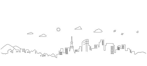 illustrations, cliparts, dessins animés et icônes de dessin au trait, paysage de ville, matériau de fond, paysage - ville moyenne