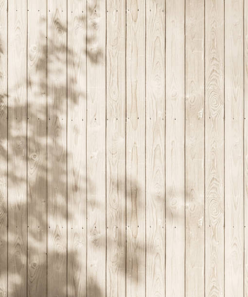 istock Outdoor wood plank fence wall in dappled sunlight, leaf shadow 2148219770