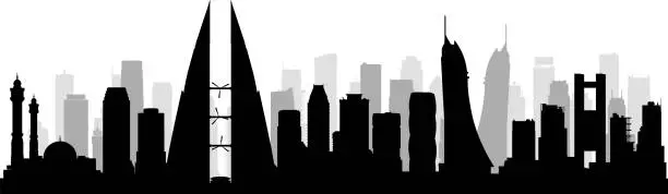 Vector illustration of Manama, Bahrain Skyline Silhouette. (All Buildings Are Moveable, Complete and Highly Detailed)