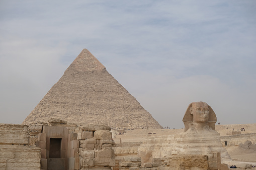 Close-up shot Pyramid of Khafre and the Great Sphinx.