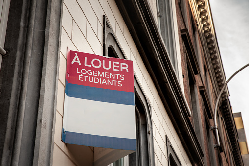 This image captures a striking red and white sign that reads 'À louer, logements étudiants,' which translates to 'For rent, student housing,' attached to a building facade in France. The sign symbolizes the demand and availability of student accommodation in the urban landscape, highlighting the essential service of providing living spaces for university students. Positioned against a backdrop of traditional European architecture, the sign reflects a blend of historical settings with the contemporary need for student housing. This scene emphasizes the ongoing relationship between educational institutions and the real estate market in accommodating the needs of domestic and international students studying in France.
