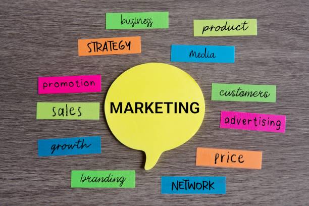 istock Top view image of speech bubble with text MARKETING surrounded by colorful sticky note. 2148221284