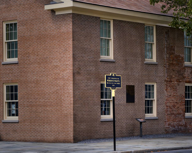 Historical Marker by Wesleyan Chapel for Women's Rights, Seneca Falls, New York - fotografia de stock