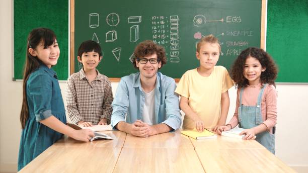 istock Teacher and student looking at camera while boy standing at board. Pedagogy. 2148221537