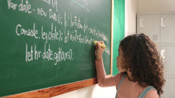 istock Back view of girl writing engineering prompt and programing system. Pedagogy. 2148221713
