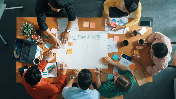 istock Top view of business team making scrum task board at meeting room. Convocation. 2148222663