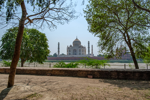 Agra, India - March 14 2024: The Taj Mahal at Agra India. It was commissioned in 1631 by the fifth Mughal emperor, Shah Jahan to house the tomb of his beloved wife, Mumtaz Mahal.